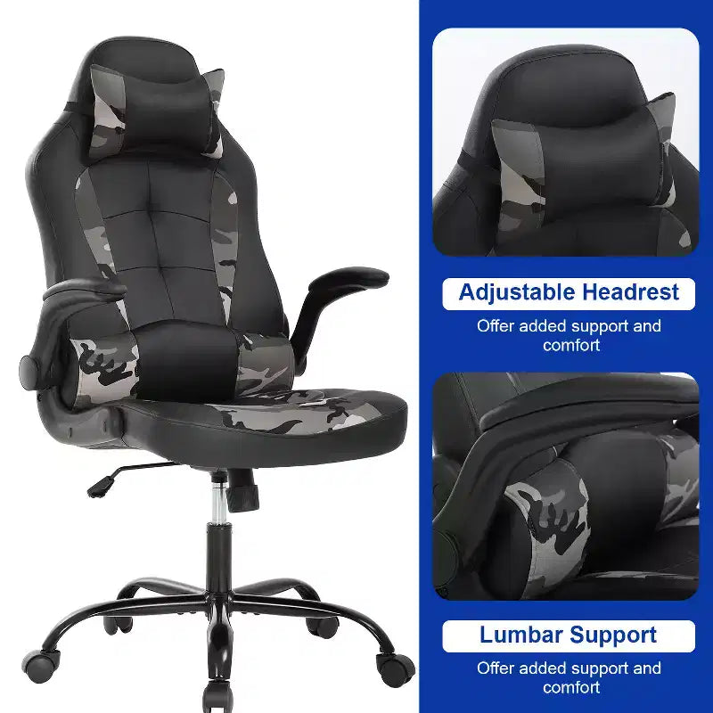 BestMassage Gaming Chair Office Chair Computer Desk Chair with Lumbar Support and Adjustable Headrest and PU Leather Gamer Chair for Adults