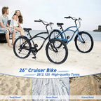 26 Inch Cruiser Bike, 7 Speed Multiple Colors Men's Women's Beach Cruiser Bike with Front and Rear V-brakes