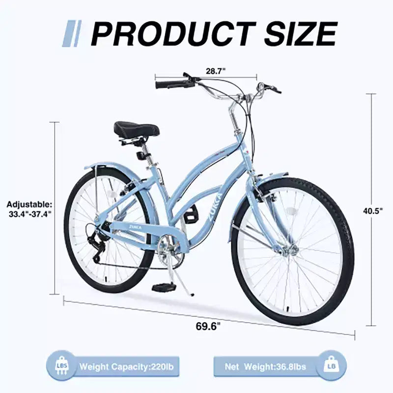 26 Inch Cruiser Bike, 7 Speed Multiple Colors Men's Women's Beach Cruiser Bike with Front and Rear V-brakes