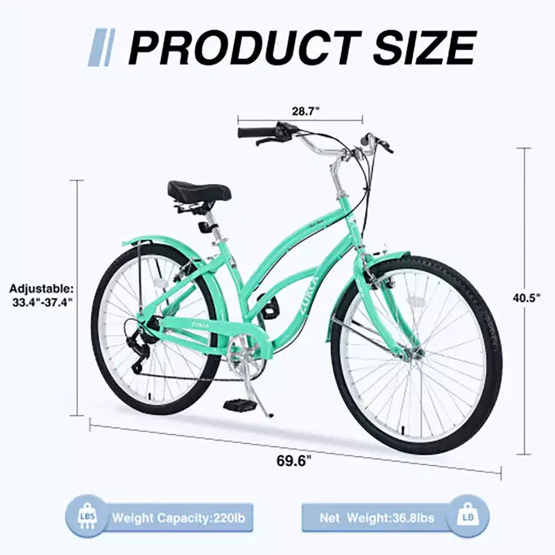 26 Inch Cruiser Bike, 7 Speed Multiple Colors Men's Women's Beach Cruiser Bike with Front and Rear V-brakes