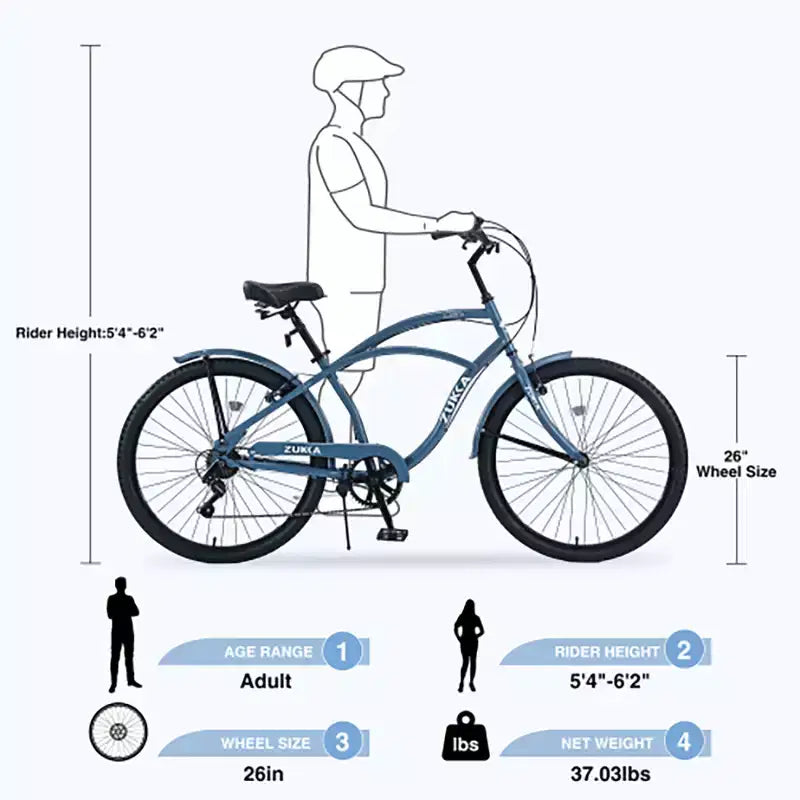 26 Inch Cruiser Bike, 7 Speed Multiple Colors Men's Women's Beach Cruiser Bike with Front and Rear V-brakes