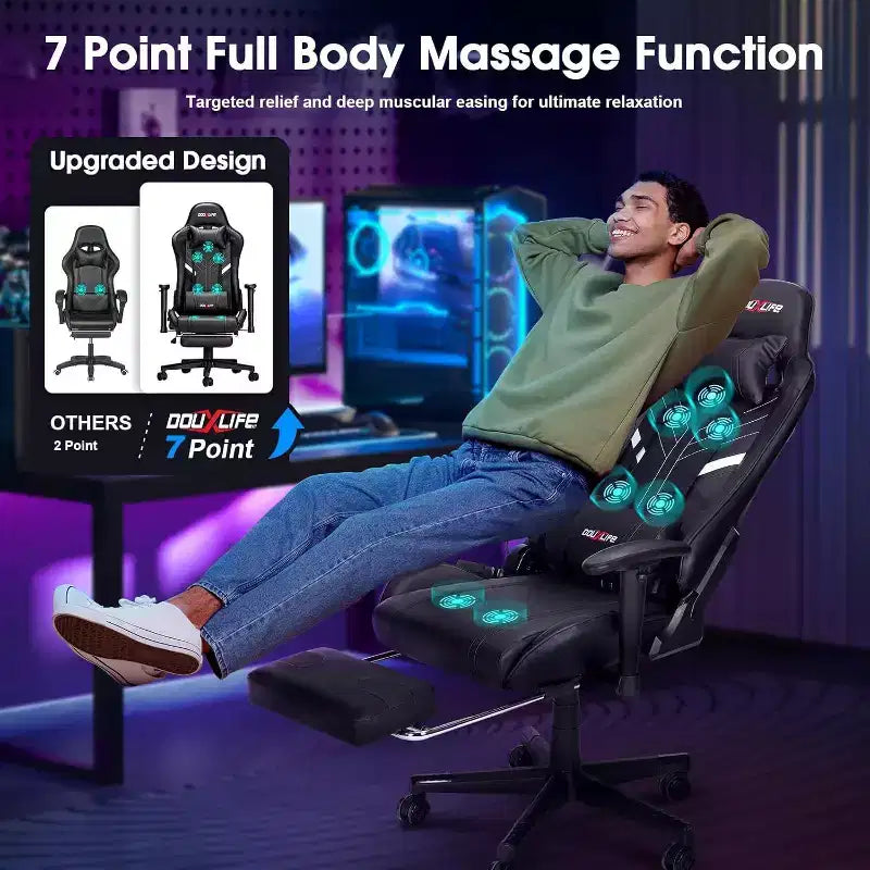 Douxlife Modern 7-Point Massage Ergonomic Gaming Chair with Footrest & Adjustable Armrests Black