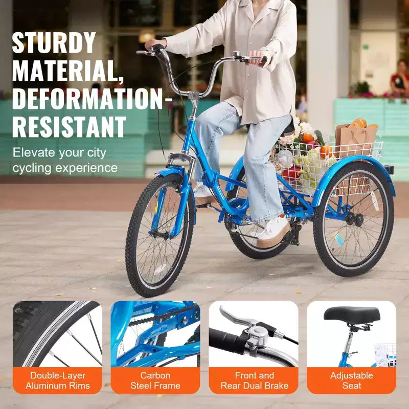 VEVOR Folding Adult Tricycle, 24-Inch 7-Speed Adult Folding Trikes, Carbon Steel 3 Wheel Cruiser Bike with Basket & Adjustable Seat