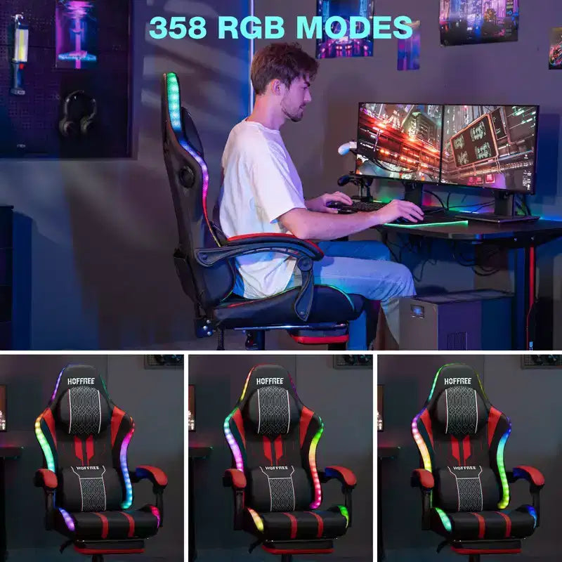 Hoffree Extra Large Massage Gaming Chair Ergonomic Office PC Chair with Bluetooth Speaker & RGB Light
