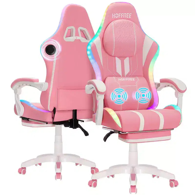 Hoffree Extra Large Massage Gaming Chair Ergonomic Office PC Chair with Bluetooth Speaker & RGB Light