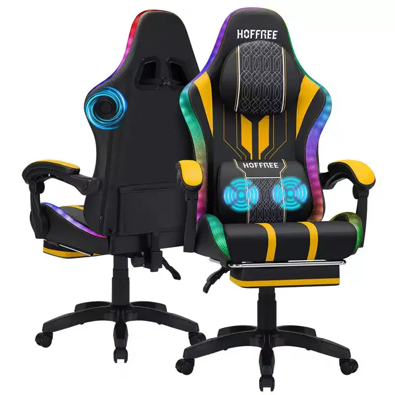 Hoffree Extra Large Massage Gaming Chair Ergonomic Office PC Chair with Bluetooth Speaker & RGB Light