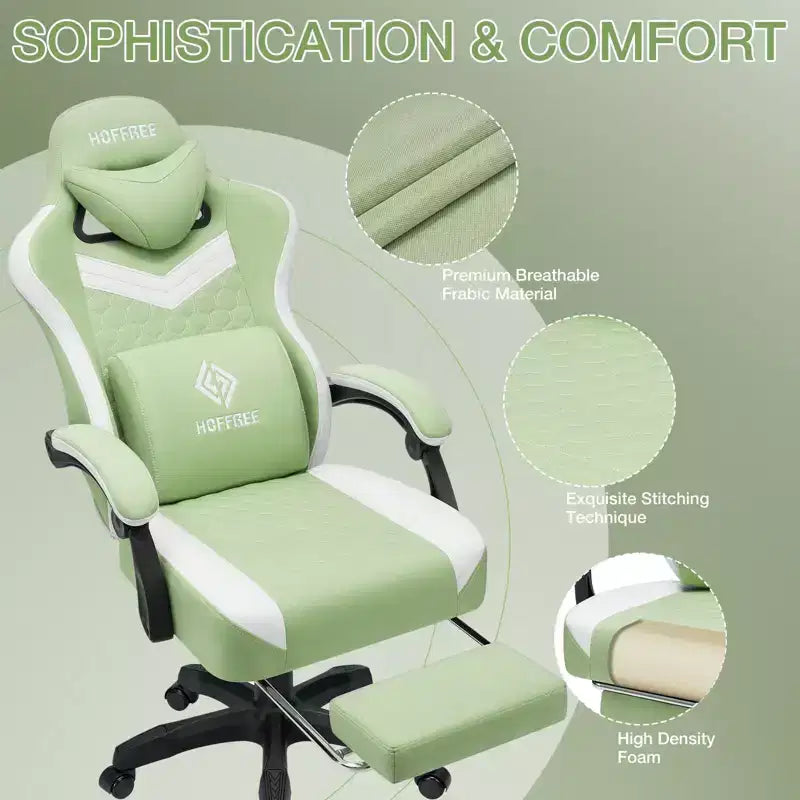 Hoffree Breathable Fabric Massage Gaming Chair Ergonomic Office PC Chair with Footrest & Adjustable