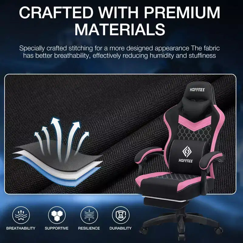 Hoffree Breathable Fabric Massage Gaming Chair Ergonomic Office PC Chair with Footrest & Adjustable