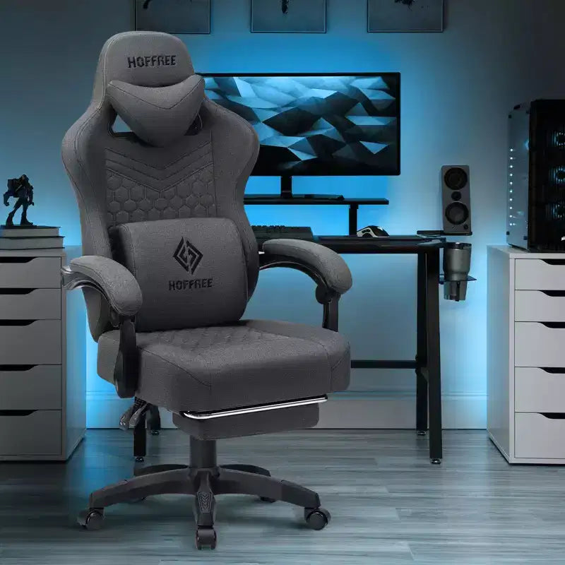 Hoffree Breathable Fabric Massage Gaming Chair Ergonomic Office PC Chair with Bluetooth Speaker & Footrest