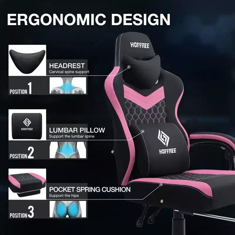 Hoffree Breathable Fabric Massage Gaming Chair Ergonomic Office PC Chair with Bluetooth Speaker & Footrest