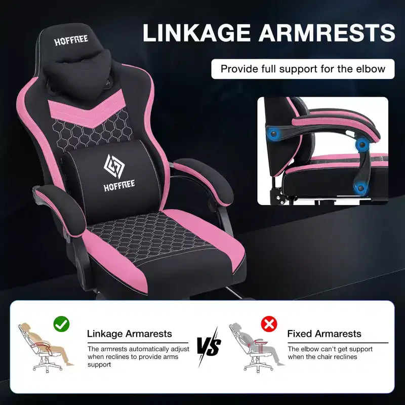 Hoffree Breathable Fabric Massage Gaming Chair Ergonomic Office PC Chair with Bluetooth Speaker & Footrest