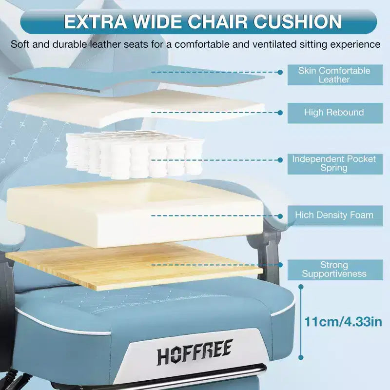 Hoffree Leather Massage Gaming Chair Ergonomic Office PC Chair with Bluetooth Speaker & Footrest