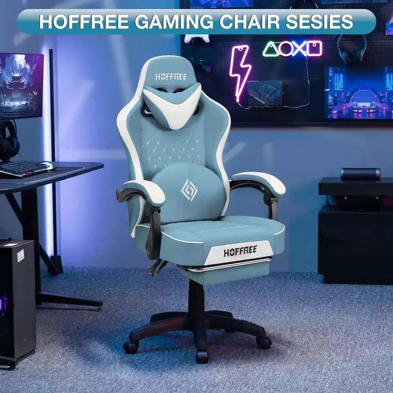 Hoffree Leather Massage Gaming Chair Ergonomic Office PC Chair with Bluetooth Speaker & Footrest