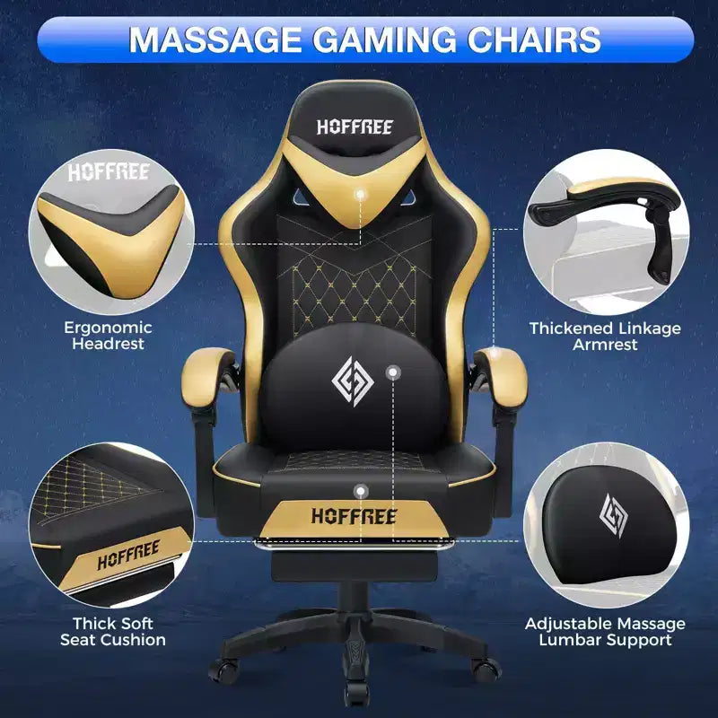 Hoffree Leather Massage Gaming Chair Ergonomic Office PC Chair with Bluetooth Speaker & Footrest