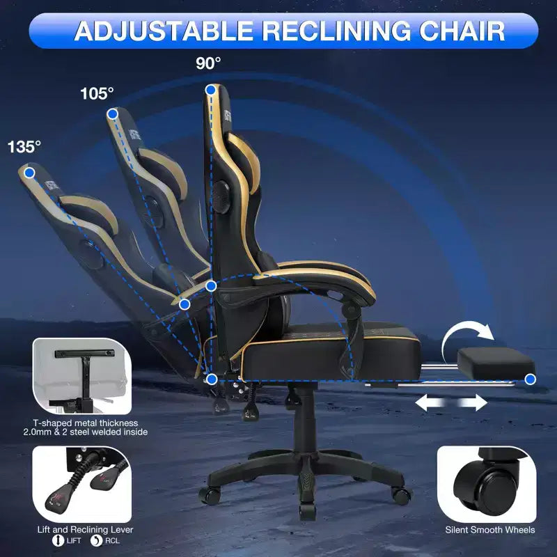 Hoffree Leather Massage Gaming Chair Ergonomic Office PC Chair with Bluetooth Speaker & Footrest