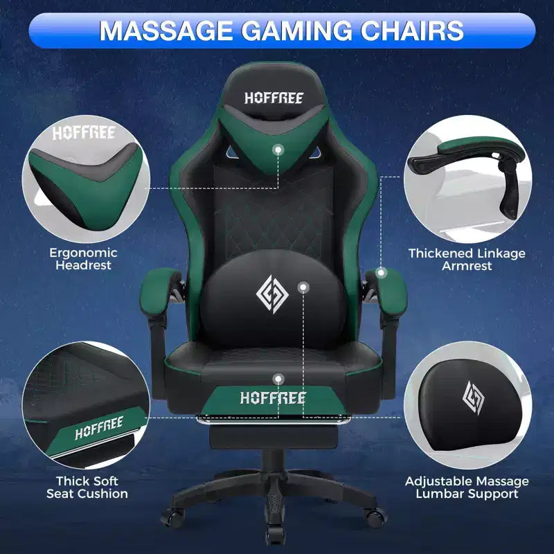 Hoffree Leather Massage Gaming Chair Ergonomic Office PC Chair with Bluetooth Speaker & Footrest