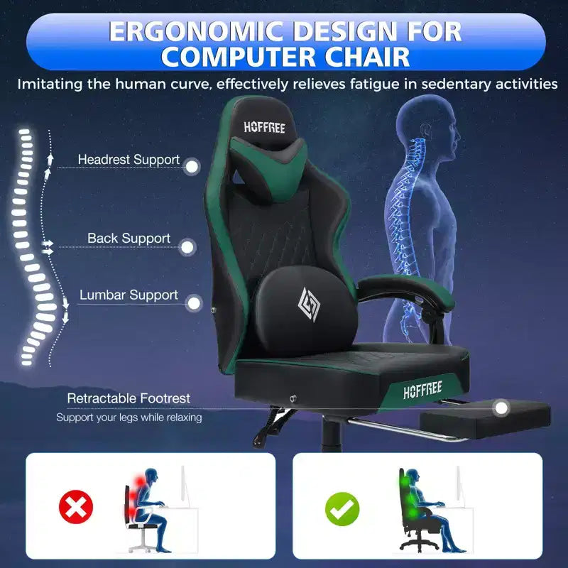 Hoffree Leather Massage Gaming Chair Ergonomic Office PC Chair with Bluetooth Speaker & Footrest