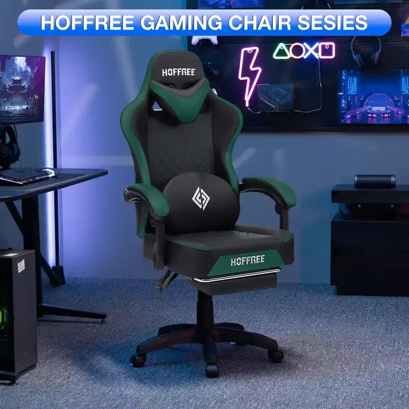Hoffree Leather Massage Gaming Chair Ergonomic Office PC Chair with Bluetooth Speaker & Footrest