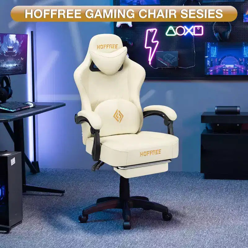 Hoffree Leather Massage Gaming Chair Ergonomic Office PC Chair with Bluetooth Speaker & Footrest