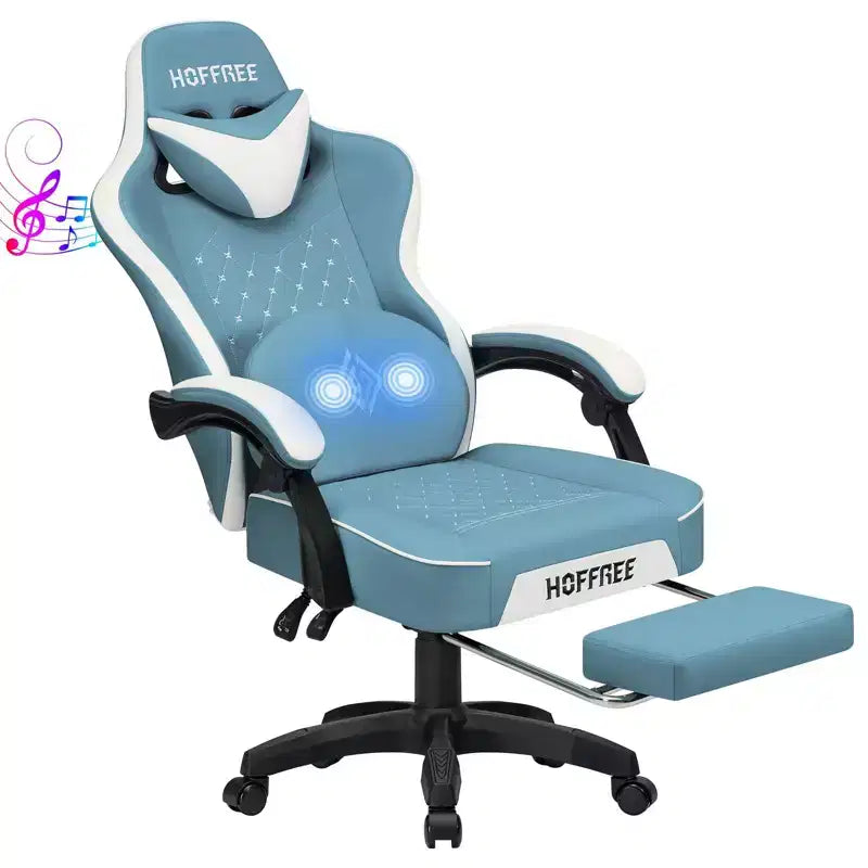 Hoffree Leather Massage Gaming Chair Ergonomic Office PC Chair with Bluetooth Speaker & Footrest