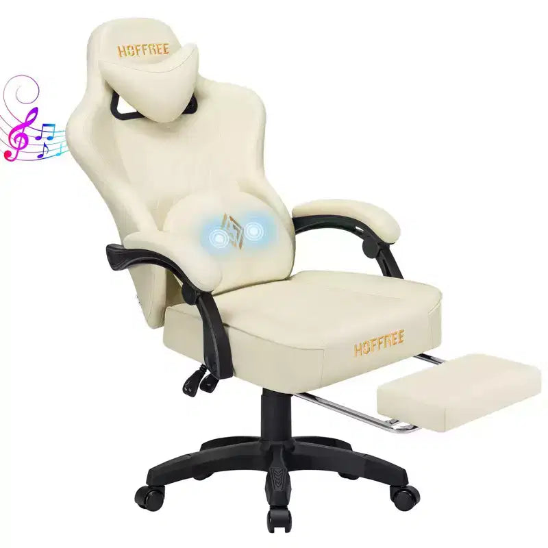 Hoffree Leather Massage Gaming Chair Ergonomic Office PC Chair with Bluetooth Speaker & Footrest
