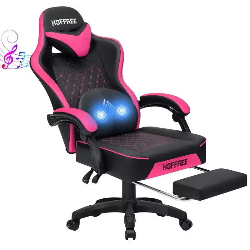 Hoffree Leather Massage Gaming Chair Ergonomic Office PC Chair with Bluetooth Speaker & Footrest