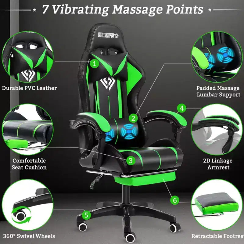 Hoffree Comfort Massage Racing Gaming Chair Ergonomic Office PC Chair with Footrest & RGB Light
