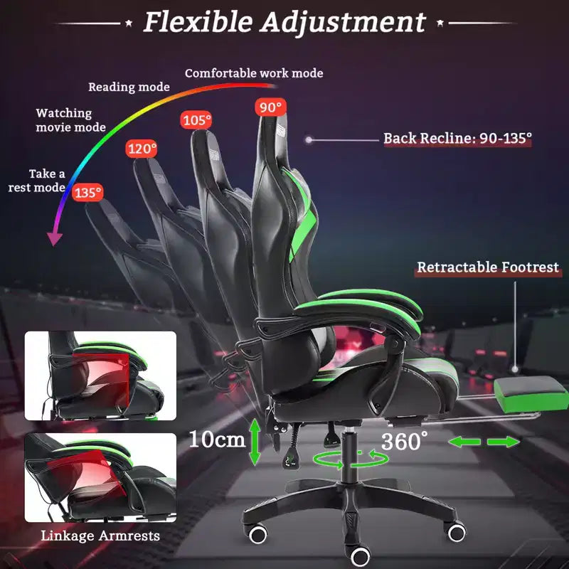 Hoffree Comfort Massage Racing Gaming Chair Ergonomic Office PC Chair with Footrest & RGB Light