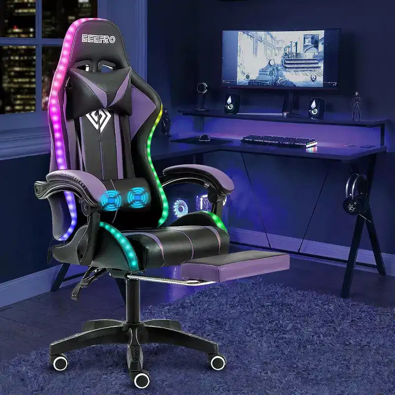 Hoffree Comfort Massage Racing Gaming Chair Ergonomic Office PC Chair with Footrest & RGB Light