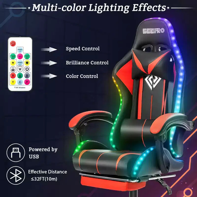 Hoffree Comfort Massage Racing Gaming Chair Ergonomic Office PC Chair with Footrest & RGB Light