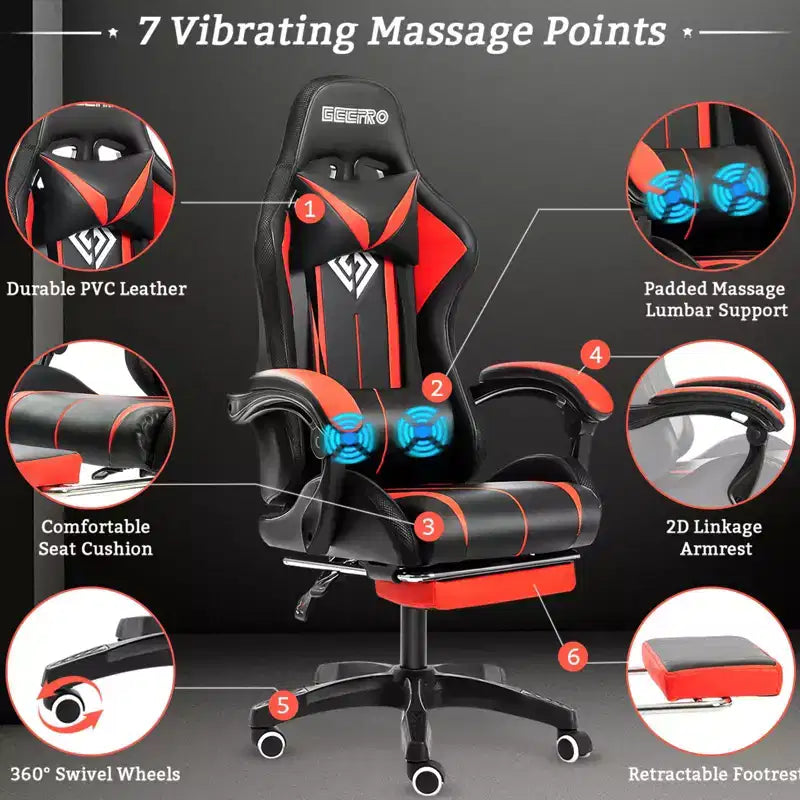 Hoffree Comfort Massage Racing Gaming Chair Ergonomic Office PC Chair with Footrest & RGB Light