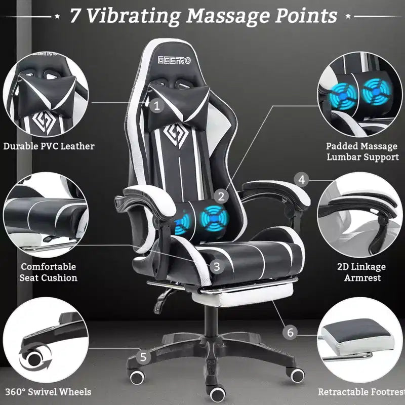 Hoffree Comfort Massage Racing Gaming Chair Ergonomic Office PC Chair with Footrest & RGB Light