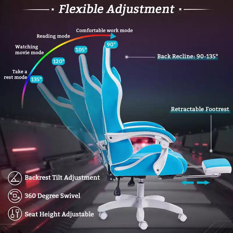 Hoffree Comfort Massage Racing Gaming Chair Ergonomic Office PC Chair with Footrest & RGB Light