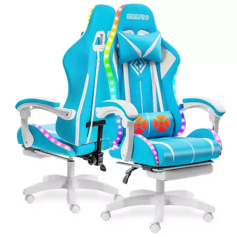 Hoffree Comfort Massage Racing Gaming Chair Ergonomic Office PC Chair with Footrest & RGB Light