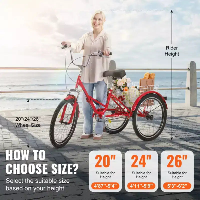 VEVOR Folding Adult Tricycle, 24-Inch Adult Folding Trikes, Carbon Steel 3 Wheel Cruiser Bike with Large Basket & Adjustable Seat