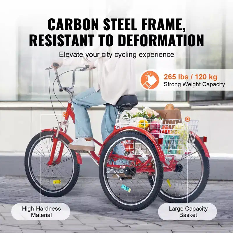 VEVOR Folding Adult Tricycle, 24-Inch Adult Folding Trikes, Carbon Steel 3 Wheel Cruiser Bike with Large Basket & Adjustable Seat