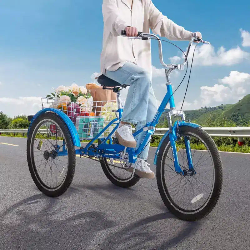 VEVOR Folding Adult Tricycle, 26-Inch Adult Folding Trikes, Carbon Steel 3 Wheel Cruiser Bike with Large Basket & Adjustable Seat