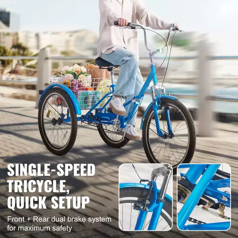 VEVOR Folding Adult Tricycle, 26-Inch Adult Folding Trikes, Carbon Steel 3 Wheel Cruiser Bike with Large Basket & Adjustable Seat
