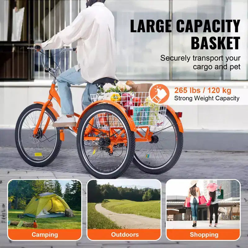 VEVOR Folding Adult Tricycle, 24-Inch Adult Folding Trikes, Lightweight Aluminum Alloy 3 Wheel Cruiser Bike with Large Rear Basket