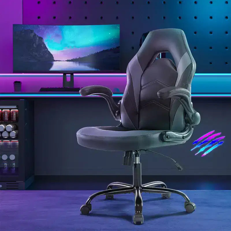 Bestier Gaming Chair, PU Leather Computer Swivel Chair with Lumbar Support, Adjustable Backrest and Flip-up Armrest for Home Office Desk Chair