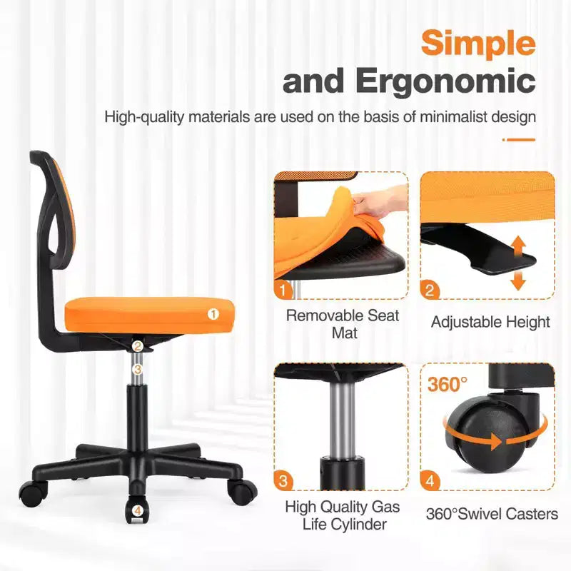 Armless Mesh Office Chair with Adjustable Height and Lumbar Support, Swivel Rolling Computer Desk Chair for Small Spaces