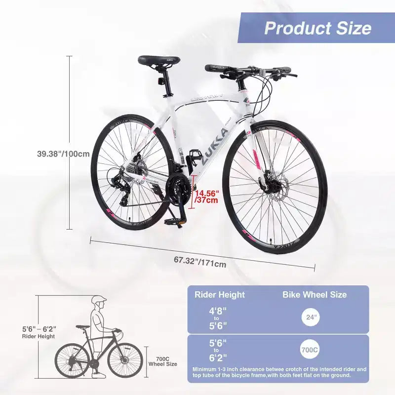 NAYSAYE Bicycle 24 Speed Hybrid Bike Disc Brakes Aluminum Frame for Men and Women for City Cycling, White, 67.32*14.56*39.37