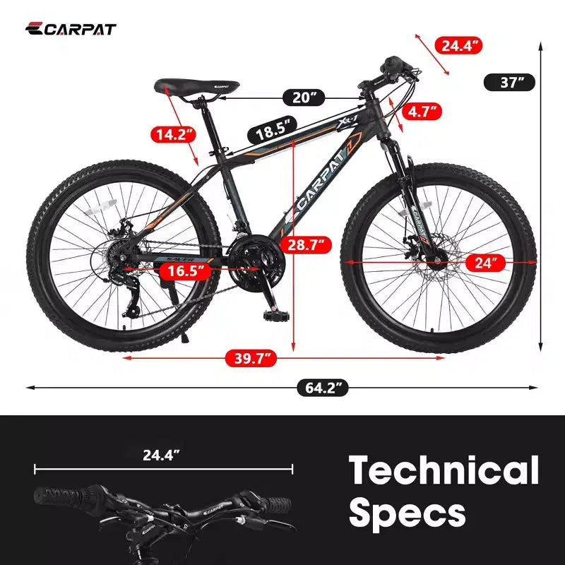 NAYSAYE Bicycle 24 Inch Mountain Bike 21 Speeds Steel Frame for Boys and Girls for Off Road Adventures, Black and Orange, 56.3*7.88*28.35
