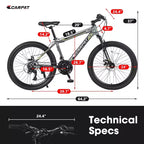 NAYSAYE Bicycle 24 Inch Mountain Bike 21 Speeds Steel Frame for Boys and Girls for Off Road Adventures, Gray, 56.3*7.88*28.35