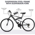 hykolity Mountain Bike 26 inch Sport Bicycle 18 Speed Mtb Cycling for Adult Men Women Age 14+ Outdoor Sport Bikes Black Dual Full Suspension Bicycle