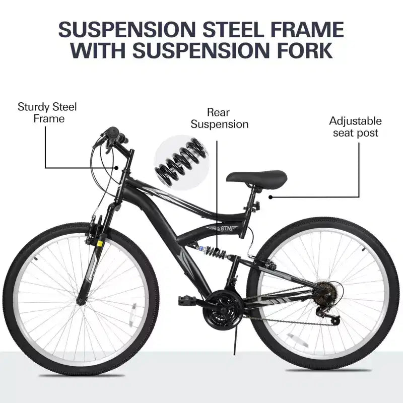 hykolity 27.5 inch Mountain Bike MTB Outdoor Bicycle Cycling 18 Speed Sport Bikes Trail Off Road Full Suspension for Adult Men Unisex Black