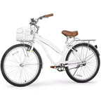 hykolity 26 inch Cruiser Bike Beach Bicycle City Bike Commuter Cycling for Adult Women Height 60-72 inch Front Basket Rear Rack Pale White