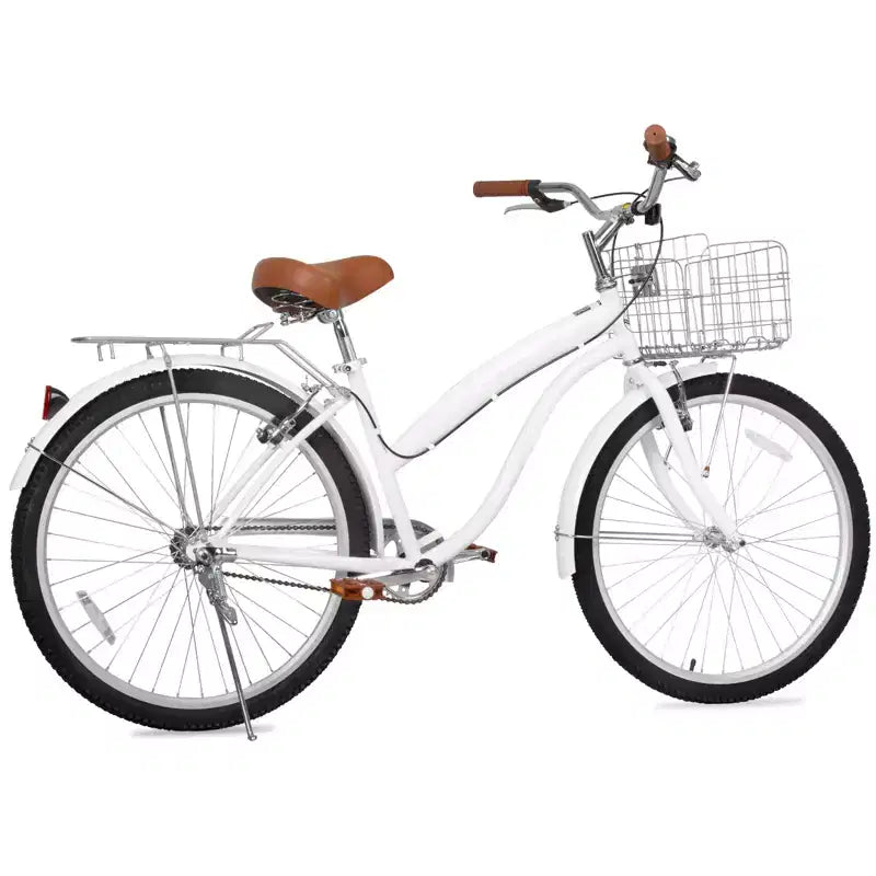 hykolity 26 inch Cruiser Bike Beach Bicycle City Bike Commuter Cycling for Adult Women Height 60-72 inch Front Basket Rear Rack Pale White
