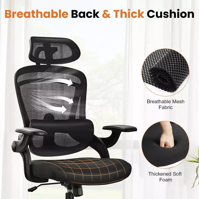 Bestier Office Chair with Adjustable Lumbar Support & Headrest, Comfy Mesh Computer Chair with Soft Flip Up Arms, Adjustable Height Gaming Chair