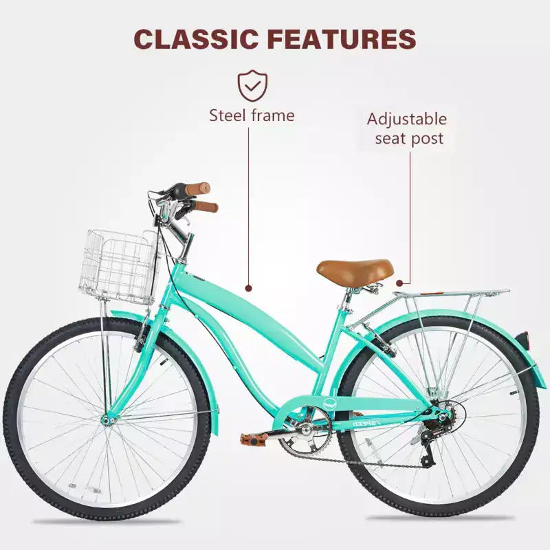 Hykolity 26 Inch Beach Cruiser Bike 7-Speed Commuter Bicycle Outdoor City Bike for Women with Rear Rack High-Carbon Steel Front Rear Fenders & Basket
